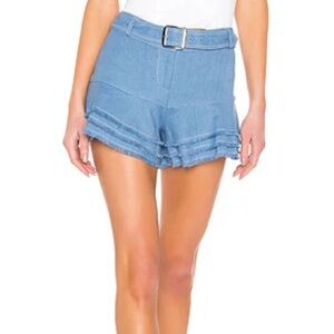 Alexie Blue Linen Jaymes High Rise Belted Shorts with Tiered Hem Size Large
